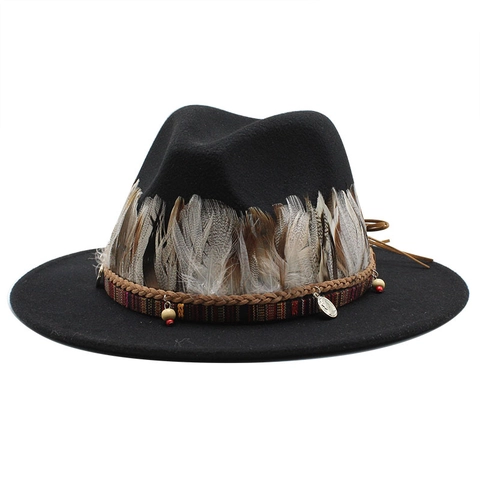 Women Fedora Hat With Feather Decoration And Ethnic Pattern Band Wool Felt Wide Brim Elegant Retro Western Jazz Style