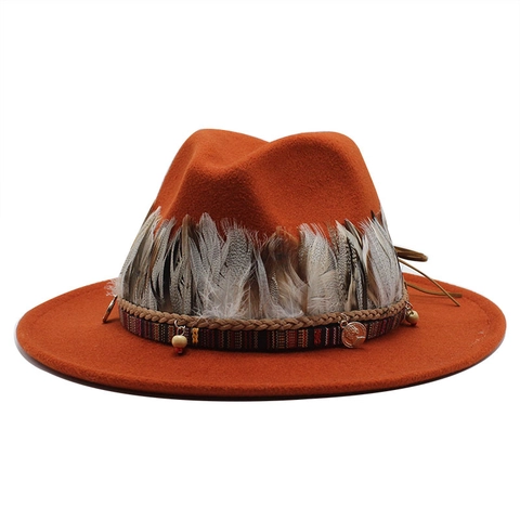 Women Fedora Hat With Feather Decoration And Ethnic Pattern Band Wool Felt Wide Brim Elegant Retro Western Jazz Style