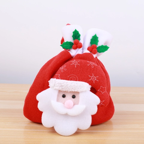 Christmas 3D Cartoon Santa Claus Snowman Bear Reindeer Gift Bag Plush Flannel Candy Drawstring Pouch Holiday Party Decor