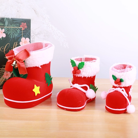Stivali Di Caramelle Di Natale Sacchetti Regalo Decorazione In Plastica Floccata Rossa Con Pelliccia Sintetica Campanello