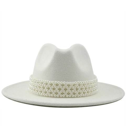 Women Woolen Fedora Hat With Faux Artificial Pearl Woven Band Wide Flat Brim Classic Jazz Cap Retro Fashion Accessory