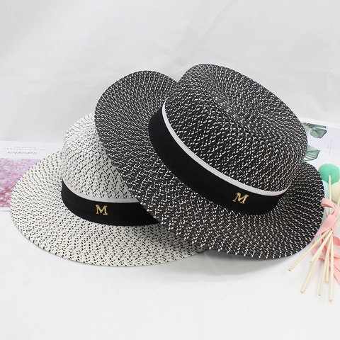 Women Boater Hat Woven Straw Paper Wide Brim Flat Top Summer Sun Beach Vacation Hepburn Style Metallic M Decor