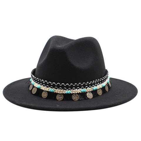 Bohemian Wide Brim Fedora Hat Wool Felt Ethnic Band Tassels Metal Coins Vintage Jazz Cap Western Style