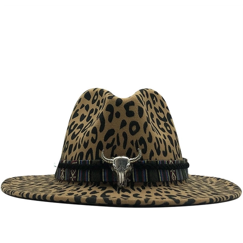 Leopard Print Fedora Hat Cotton Polyester Flat Wide Brim Ethnic Woven Band Vintage Metal Bull Skull Western Cowboy Style Men Women Retro Jazz Cap