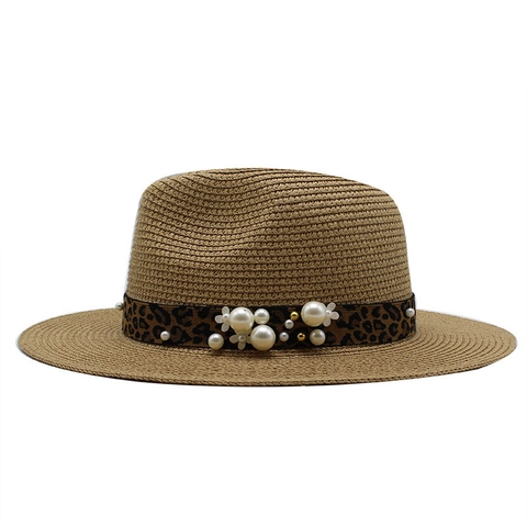 Cappello Fedora In Paglia Protezione Solare Spiaggia Estate Jazz Con Nastro Leopardato E Decorazione In Künstliche Perle Per Donne