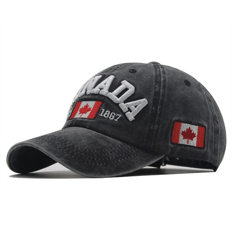Canada Stickerei Gewaschene Baumwolle Baseballkappe Vintage Verstellbarer Sonnenhut Für Outdoor Reisen Herren Damen