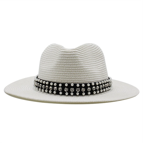 Eleganter Damen Strohhut Fedora Breiter Krempe Sonnenschutz Künstliche Perlen Strass Dekoration Sommer Strand Jazz Stil