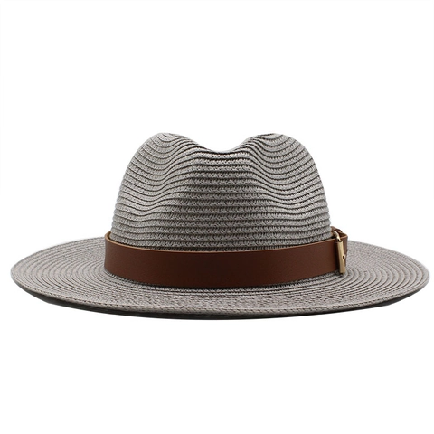Straw Fedora Hat Wide Brim Summer Sun Protection Panama Style Breathable Jazz Cap For Men Women With Leather Belt
