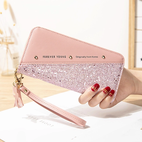 Portafoglio Lungo Donna Pelle PU Glitter Cerniera Pochette Con Cinturino Da Polso Nappa Fiocco Grande Capacità