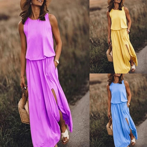 Women Sleeveless Round Neck Maxi Dress Solid Color Side Slit Casual Loose Summer Vacation Fashion Polyester