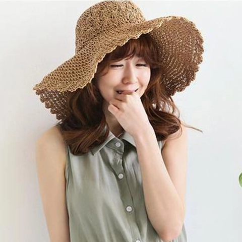Cappello di Paglia di Carta Lavorato a Mano Coreano Donna Estate Spiaggia Vacanza Protezione Solare Tesa Larga Casual