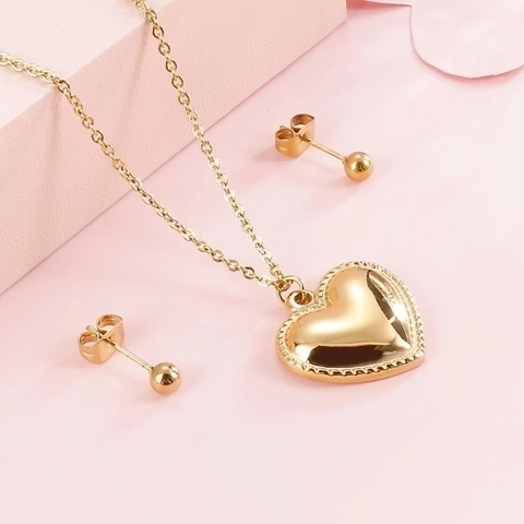 Heart Pendant Necklace And Round Bead Stud Earrings Stainless Steel Simple Fashion Jewelry For Women