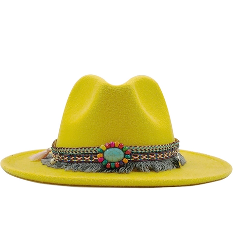 Vintage Ethnic Fedora Hat Polyester Wool Felt Texture Wide Brim Bohemian Turquoise Tassel Jazz Cap Women Men Retro Style
