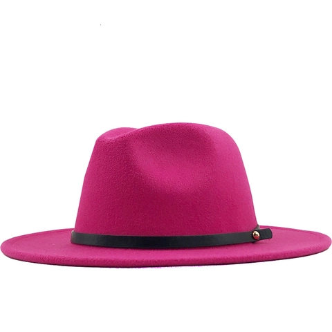 Wide Brim Fedora Hat Wool Felt Jazz Cap With Leather Band Gold Rivet Vintage Solid Color For Women Men Unisex