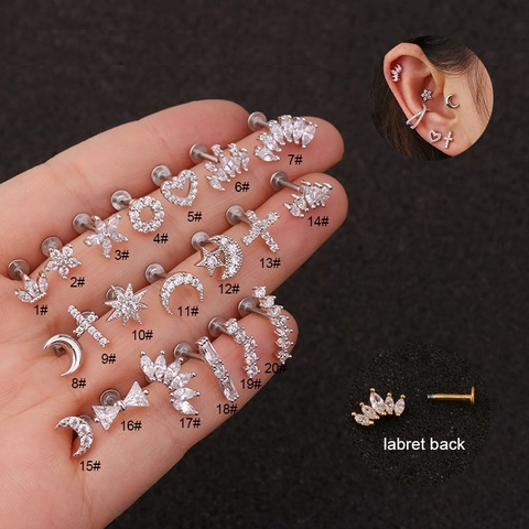 Stainless Steel Cubic Zirconia Lip Rings Flat Back Labret Studs Cartilage Earrings Crown Heart Moon Piercing Jewelry