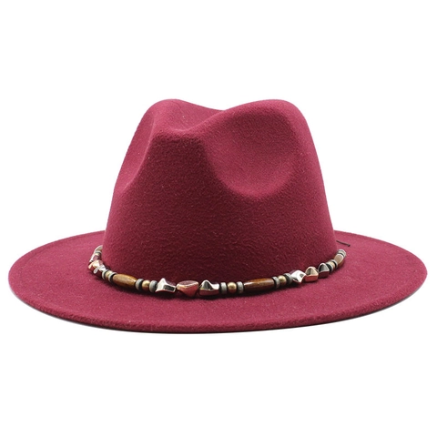 Wide Brim Wool Felt Fedora Hat For Men Women Beaded Band Ethnic Style Western Jazz Cap Retro Bohemian Accessory