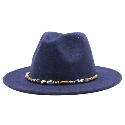Wide Brim Wool Felt Fedora Hat For Men Women Beaded Band Ethnic Style Western Jazz Cap Retro Bohemian Accessory