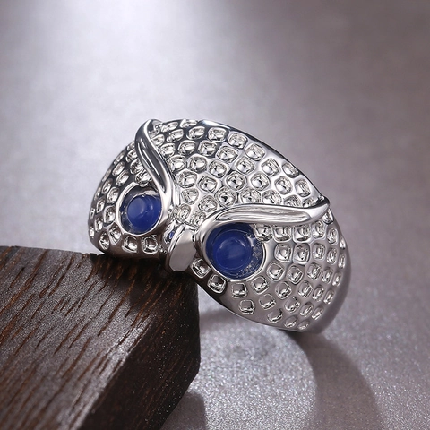 Retro Owl Head Ring Silver Plated Copper With Blue Cat Eye Stones Vintage Animal Jewelry For Unisex