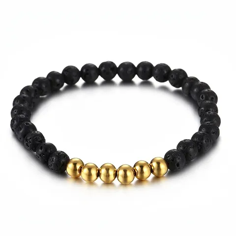 Pulsera De Cuentas De Piedra De Lava Negra Natural Con Cuentas De Acero Inoxidable Pulido Estilo Punk Para Hombres Mujeres