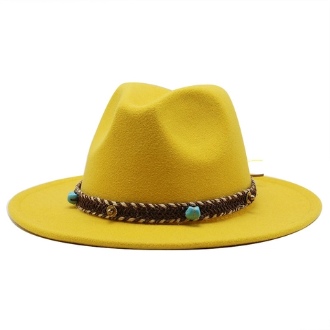 Wide Brim Fedora Hat Woolen Felt With Ethnic Braided Band Turquoise Rivets Bohemian Style Jazz Cap For Men Women