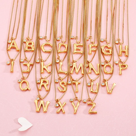 Initial Alphabet Pendant Necklace Stainless Steel Bamboo Texture Gold Color With Zircon Fashion Jewelry For Women