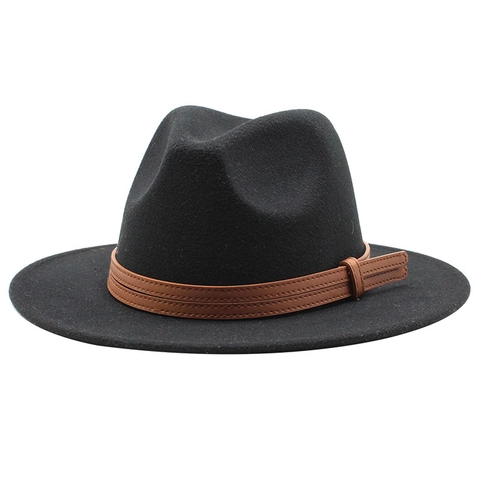 Classic Fedora Hat Woolen Felt Wide Brim Jazz Hat With Brown Faux Leather Belt Vintage British Style Women Autumn Winter