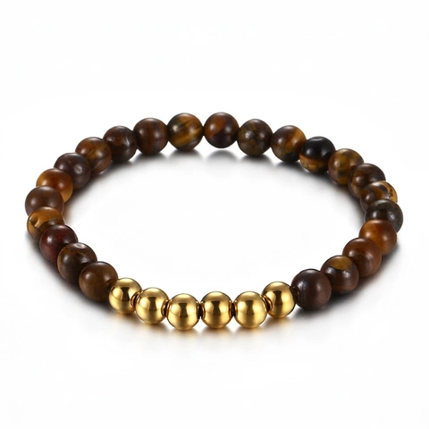 Natural Tiger Eye Stone Beaded Bracelet With Stainless Steel Beads Elastic Minimalist Fashion Jewelry Men Women