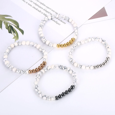 Pulsera De Cuentas Minimalista Con Piedra De Mármol Howlita Blanca Y Cuentas De Acero Inoxidable Pulido Joyas Elásticas