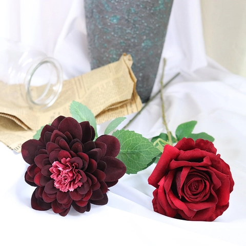 Künstliche Rosen Dahlien Blumen Satin Samt Einzelstiel Realistische Vintage Florale Dekoration Für Zuhause Hochzeit
