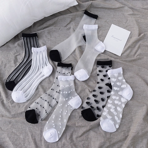 Women Mesh Crew Socks Transparent Glass Satin Breathable Cotton Sole Polka Dot Heart Striped Japanese Style