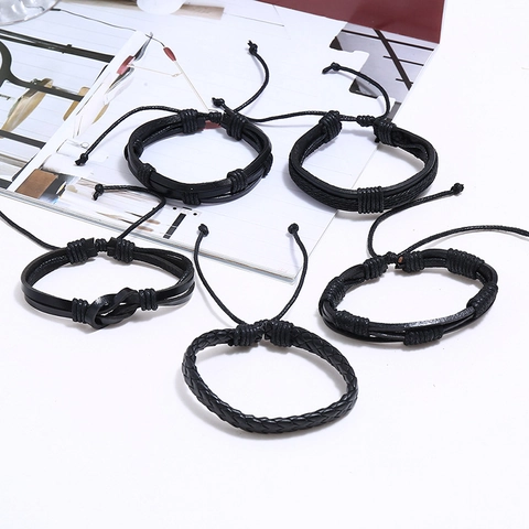 Woven Braided Multilayer Bracelet Cowhide PU Leather Wax Cord Hemp Rope Adjustable Retro Vintage Simple Jewelry For Men