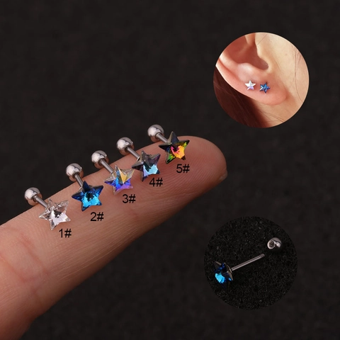 Star Shaped Crystal Ear Cartilage Stud Piercing Jewelry Stainless Steel Minimalist Fashion For Women