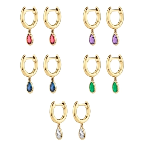 Geometric Teardrop Zirconia Earrings For Women Copper 925 Sterling Silver Earring Post Colorful Water Drop Huggie Hoops
