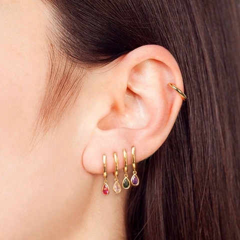 Geometric Teardrop Zirconia Earrings For Women Copper 925 Sterling Silver Earring Post Colorful Water Drop Huggie Hoops