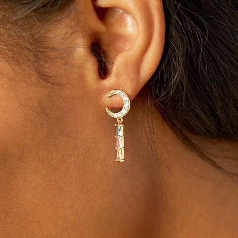Orecchini a Pendente Luna in Rame Con Perno in Argento Sterling 925 Zirconia Quadrato Colorato Oro Argento Gioielli Eleganti per Donna