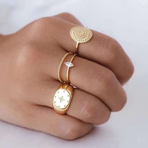 Anello Sigillo Tondo Retro Rame Placcato Oro 18K Vintage Sole Mandala Trama Punk Gothic Gioielli Unisex