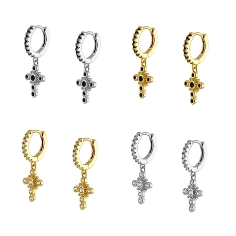 Orecchini A Cerchio Con Croce In Ottone E Zirconi Con Perno In Argento Sterling 925 Gioielli Di Moda Per Donna