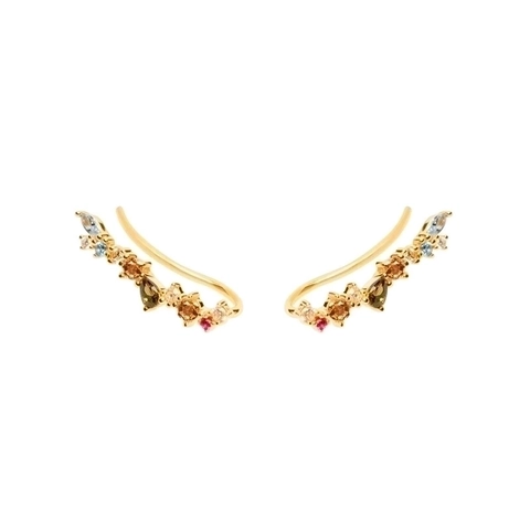 Orecchini Ear Climber In Zirconia Multicolore Geometrici In Rame Con Perno In Argento Sterling 925 Per Donne