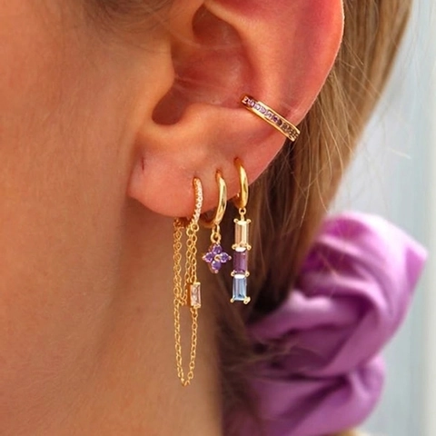 Colorful Zircon Tassel Chain Hoop Earrings With 925 Sterling Silver Earring Post Copper Dainty Jewelry For Women