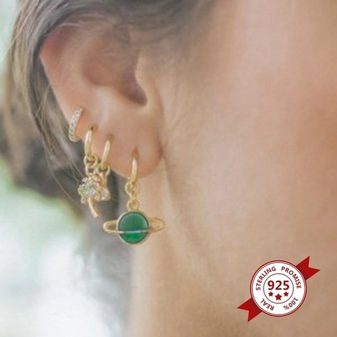 Saturn Planet Drop Earrings With 925 Sterling Silver Earring Post Copper Green Enamel Geometric Jewelry For Women