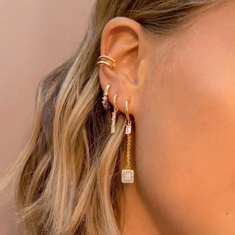 Copper Tassel Chain Drop Earrings With Zircon Rectangular Stone And 925 Sterling Silver Earring Post For Women