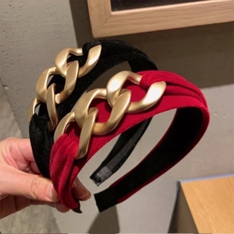 Cerchietto In Velluto Vintage Con Catena In Metallo Dorato Accessorio Per Capelli Retrò Per Donna