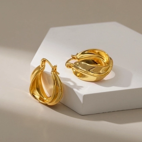 Twisted Hoop Earrings Copper 18K Gold Plated Irregular Geometric Chunky Retro Fashion Jewelry For Women