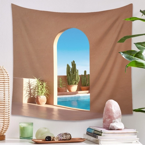 Arazzo Da Parete Paesaggio Piscina Arco Surrealista Tessuto Poliestere Stile Bohémien Decorazione Camera Sfondo