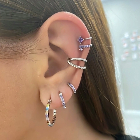 Orecchini a Cerchio a Forma di C Geometrici con Perno in Argento Sterling 925 Zirconia Colorata Intarsiata Rame Gioielli Boho Donna
