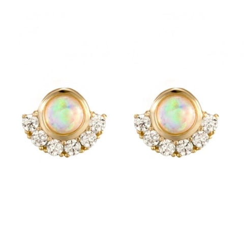 Round Opal Stud Earrings With 925 Sterling Silver Earring Post Minimalist Zircon Fan Shape Jewelry For Women