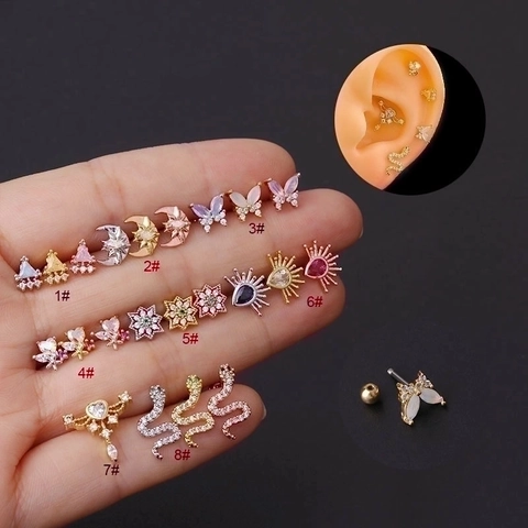 Pendiente De Cartílago Poste De Acero Inoxidable Cobre Zircón Estrella Luna Serpiente Mariposa Corazón Joyería Piercing