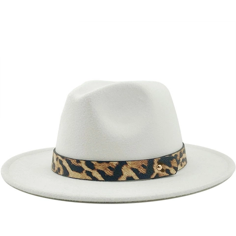 Cappello Fedora Feltro Di Lana Tesa Larga Piatta Vintage Fascia Leopardata Rivetto Oro Jazz Berretto Donna Uomo Moda