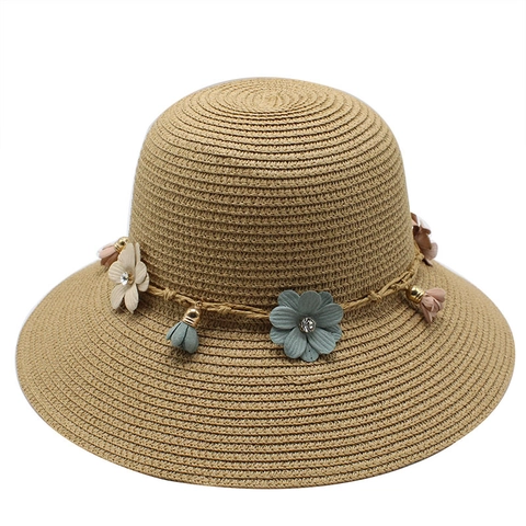 Cappello Alla Pescatora In Paglia Donna Bambina Decorazione Floreale Nappina Pieghevole Spiaggia Protezione Solare Dolce Traspirante Accessorio