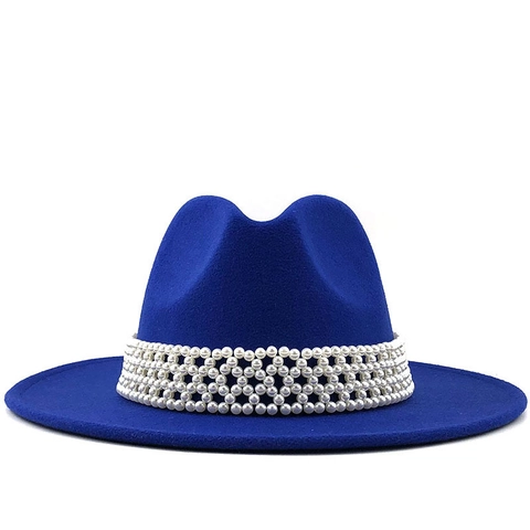 Women Woolen Fedora Hat With Faux Artificial Pearl Woven Band Wide Flat Brim Classic Jazz Cap Retro Fashion Accessory